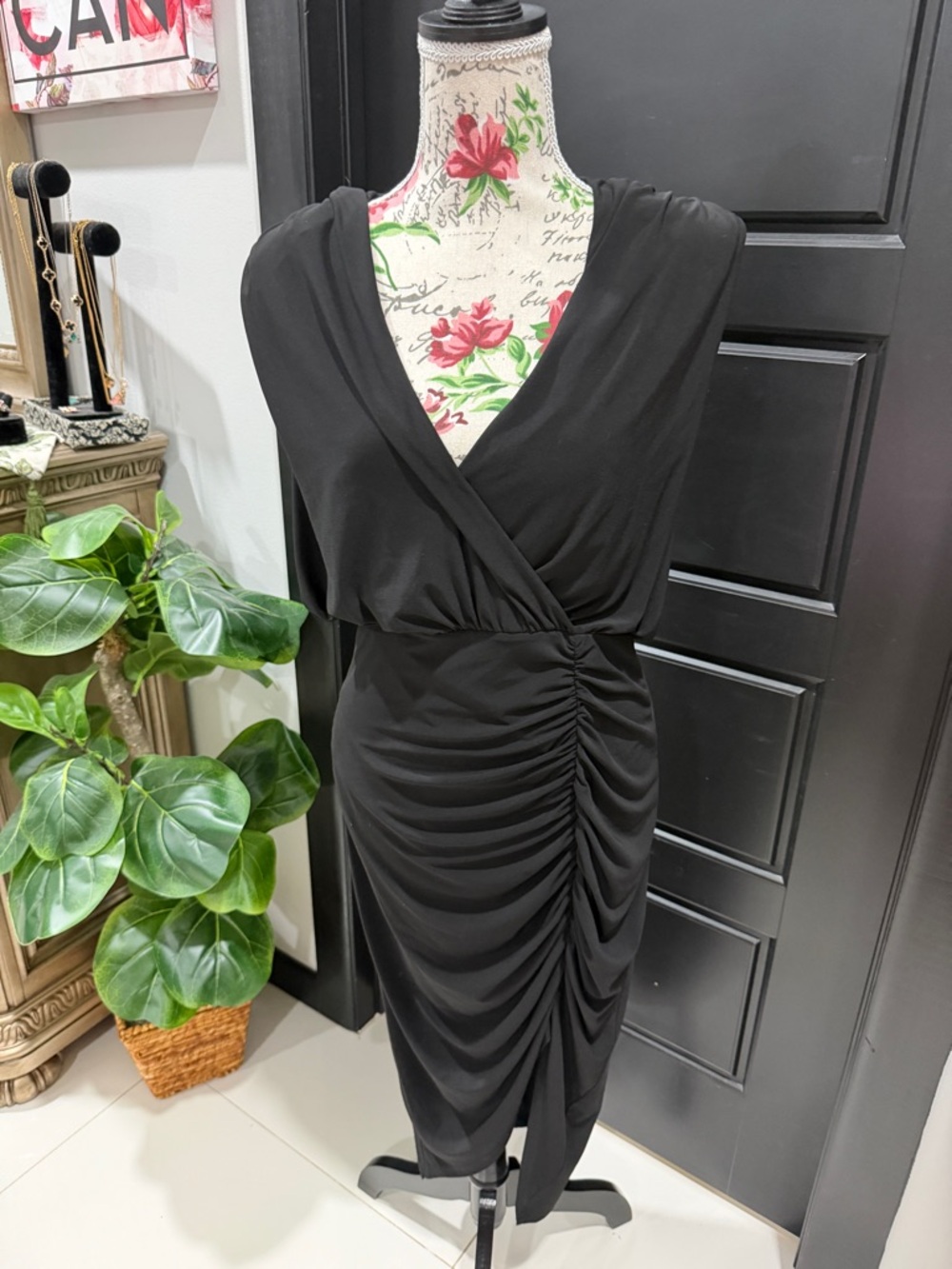 Eliza J Black Ruched Wrap-Front Midi Dress